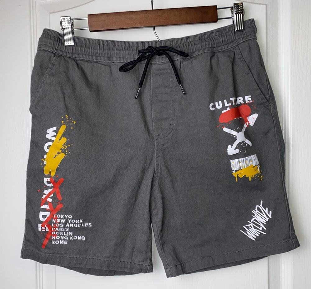 Brooklyn Cloth Gray Worldwide Culture Graffiti 7" Shorts Men's Size Medium